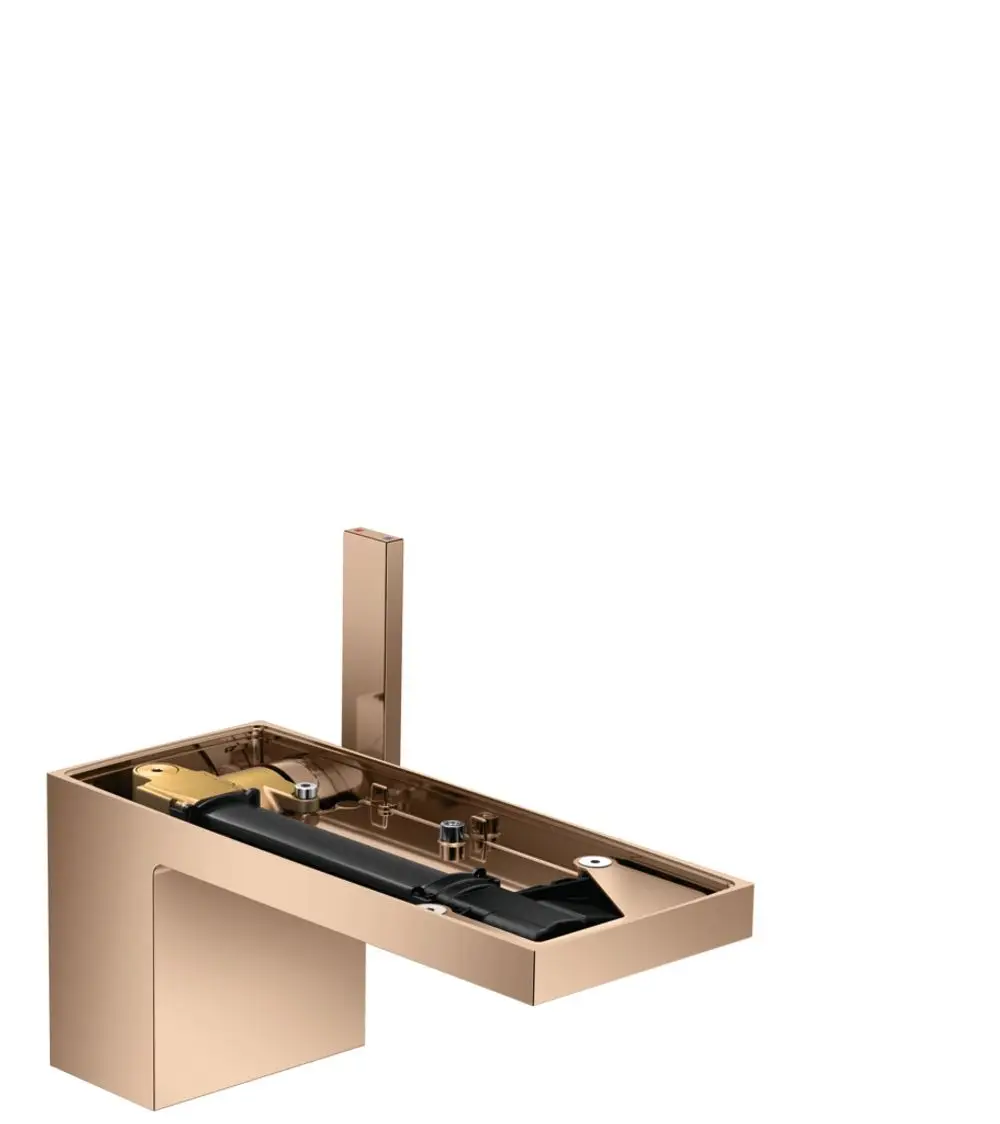 Ein moderner Einhebel-Waschtischmischer von AXOR in Polished Red Gold mit klaren Linien und integrierter Push-Open Ablaufgarnitur, ohne Montageplatte.
